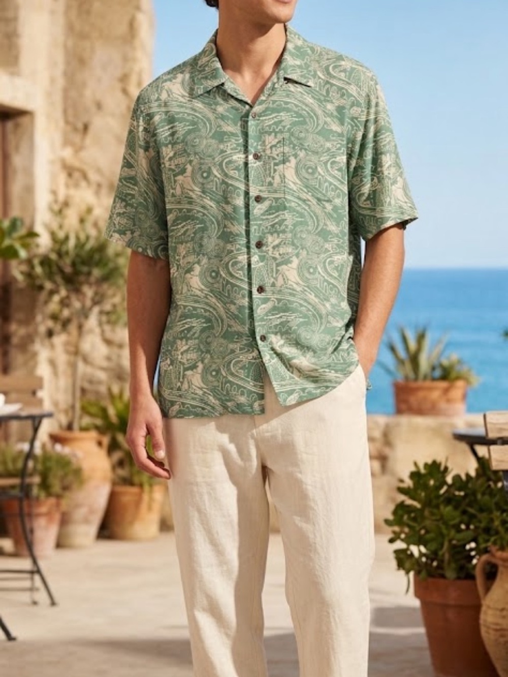 Vintage Reyn Spooner Green Transportation Cityscape Hawaiian Button Down Shirt